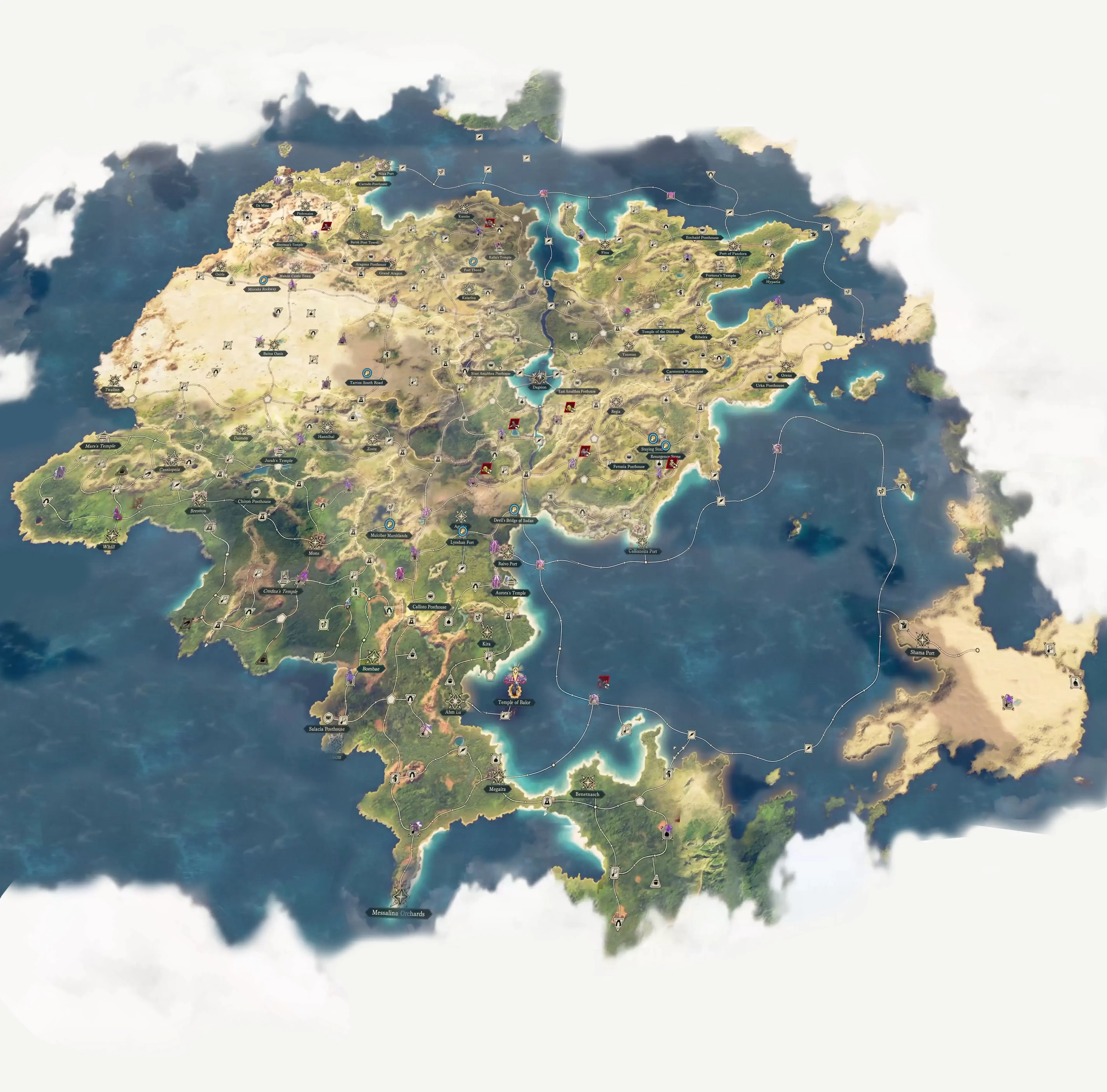 World map with named locations